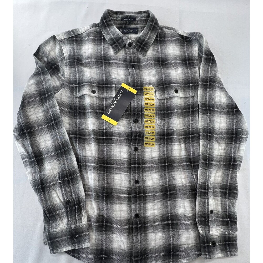 Lucky Brand Mens Medium Black Plaid Long Sleeve Classic Fit Button Up Shirt